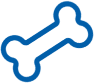 A simple blue outline of a dog bone symbol on a white background.